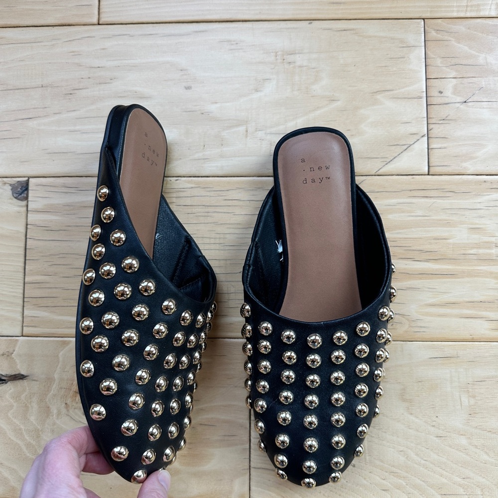 A New Day Black Mules with Gold Studs